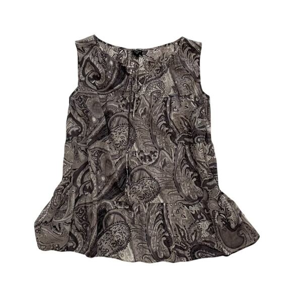 Talbots Cotton Gray, White Boho Paisley Sleeveless V-Neck Blouse, Ruffle Hem, 1X - Picture 5 of 12